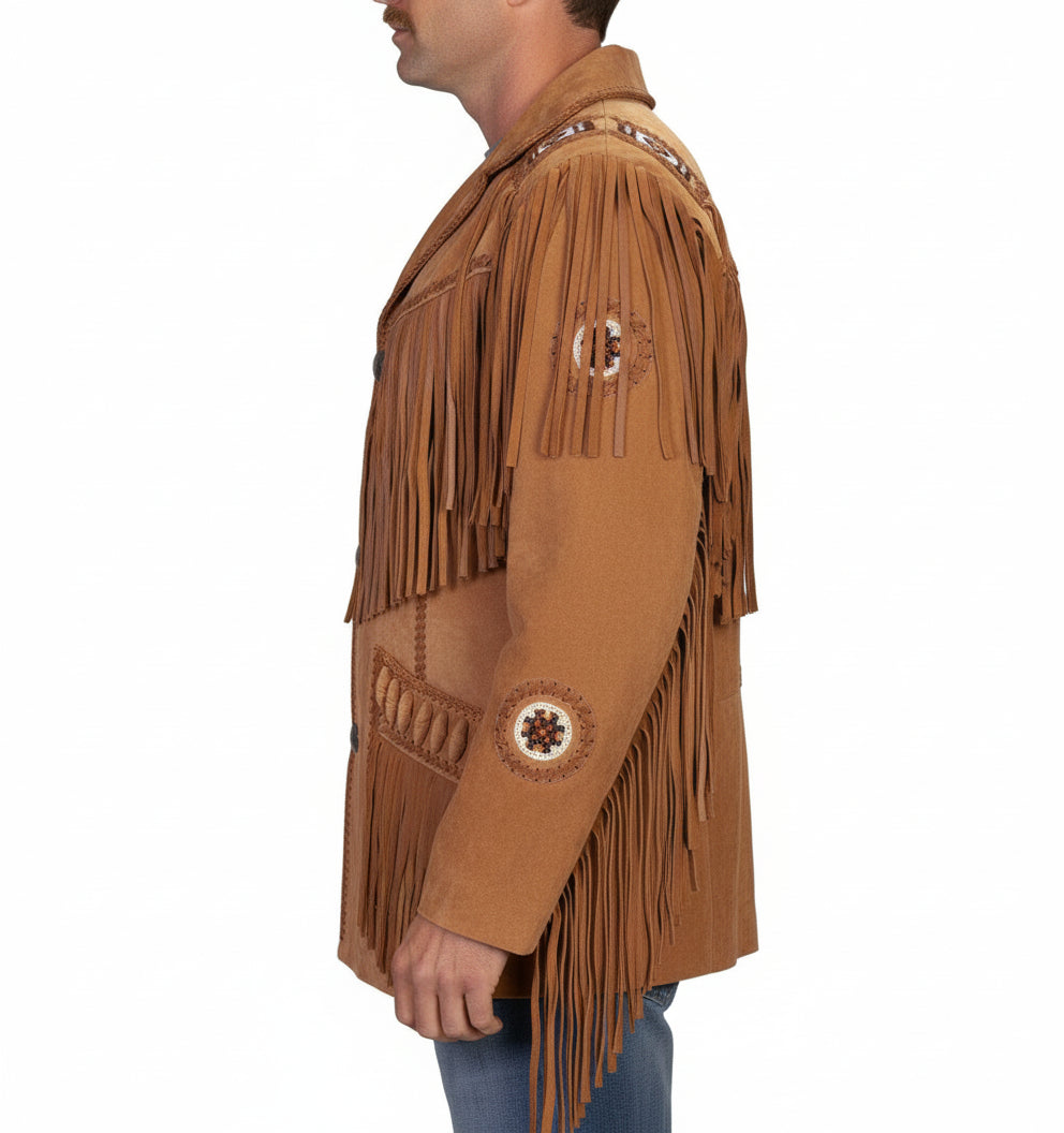 model-side-view - Men's Tan Brown Fringed Suede Leather Cowboy Jacket