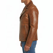 model-side-view - Men's Tan brown Leather Brando Jacket, Genuine Brown leather Biker Jacket