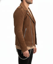 model-side-view - Mens Tan brown Suede biker Jacket, Men brown biker suede leather Jacket