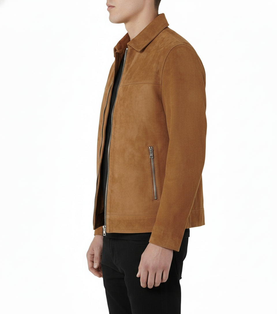 model-side-view - Men's Tan Brown Suede Jacket with Zip Closure