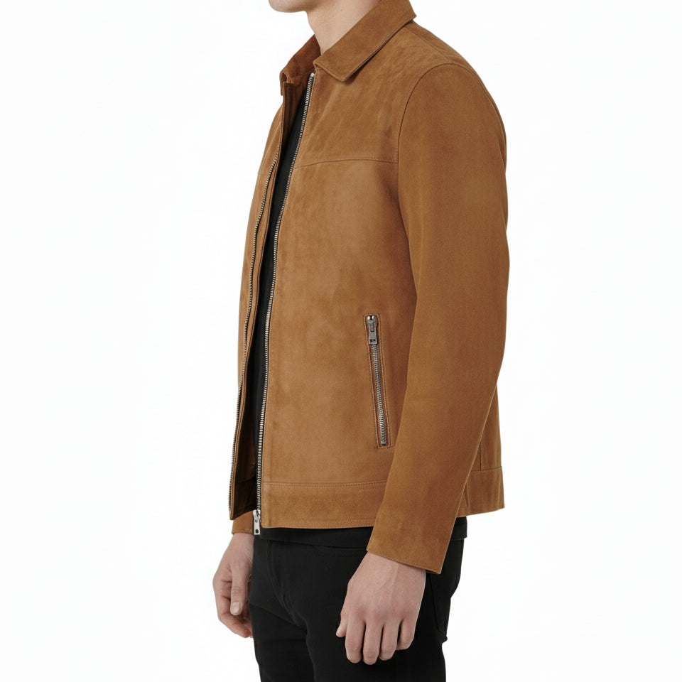 model-side-view - Men's Tan Brown Suede Jacket with Zip Closure