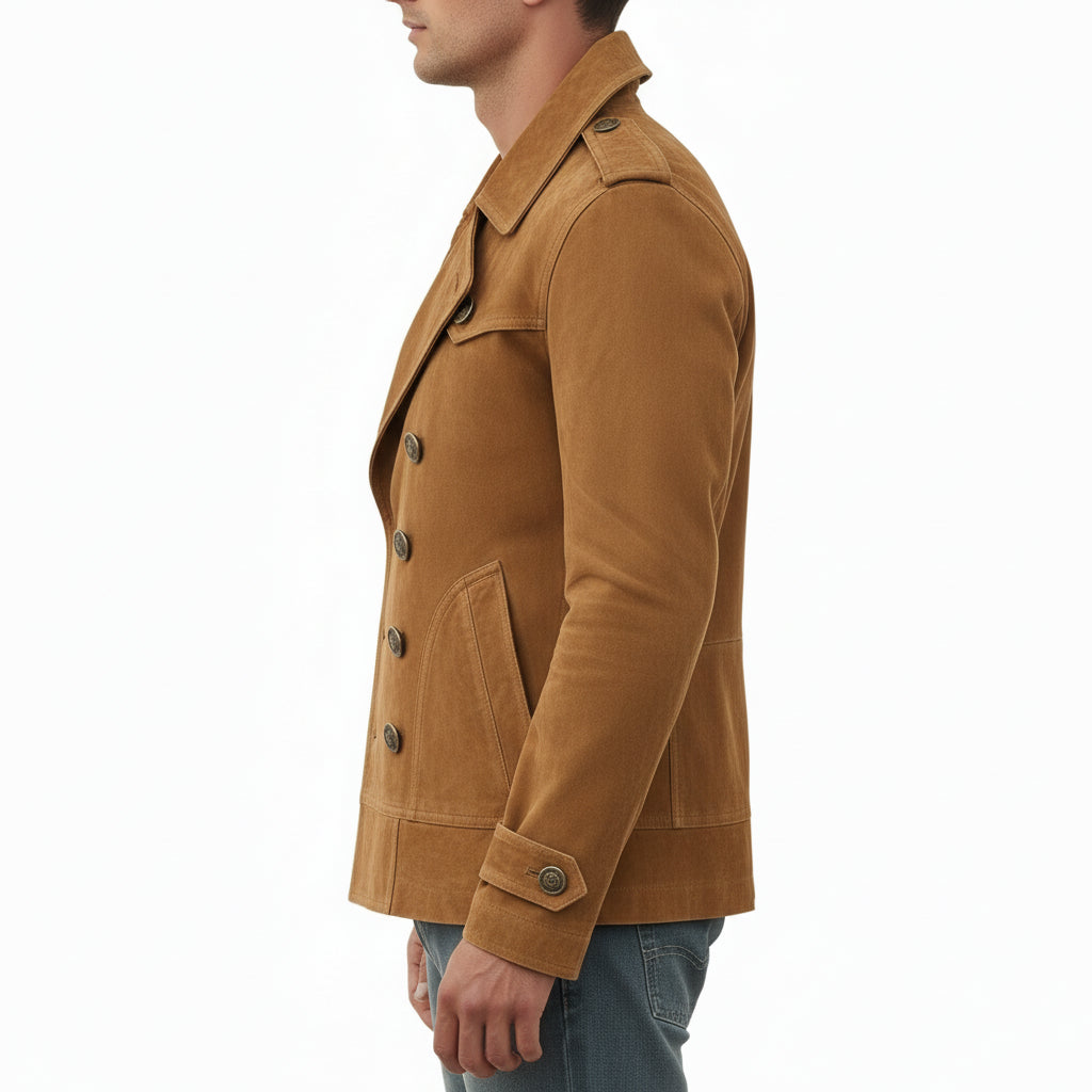 model-side-view - Men's Trench Jacket, Suede Pea Coat, Military Style Jacket, Double-Breasted Leather Coat