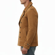 model-side-view - Men's Trench Jacket, Suede Pea Coat, Military Style Jacket, Double-Breasted Leather Coat