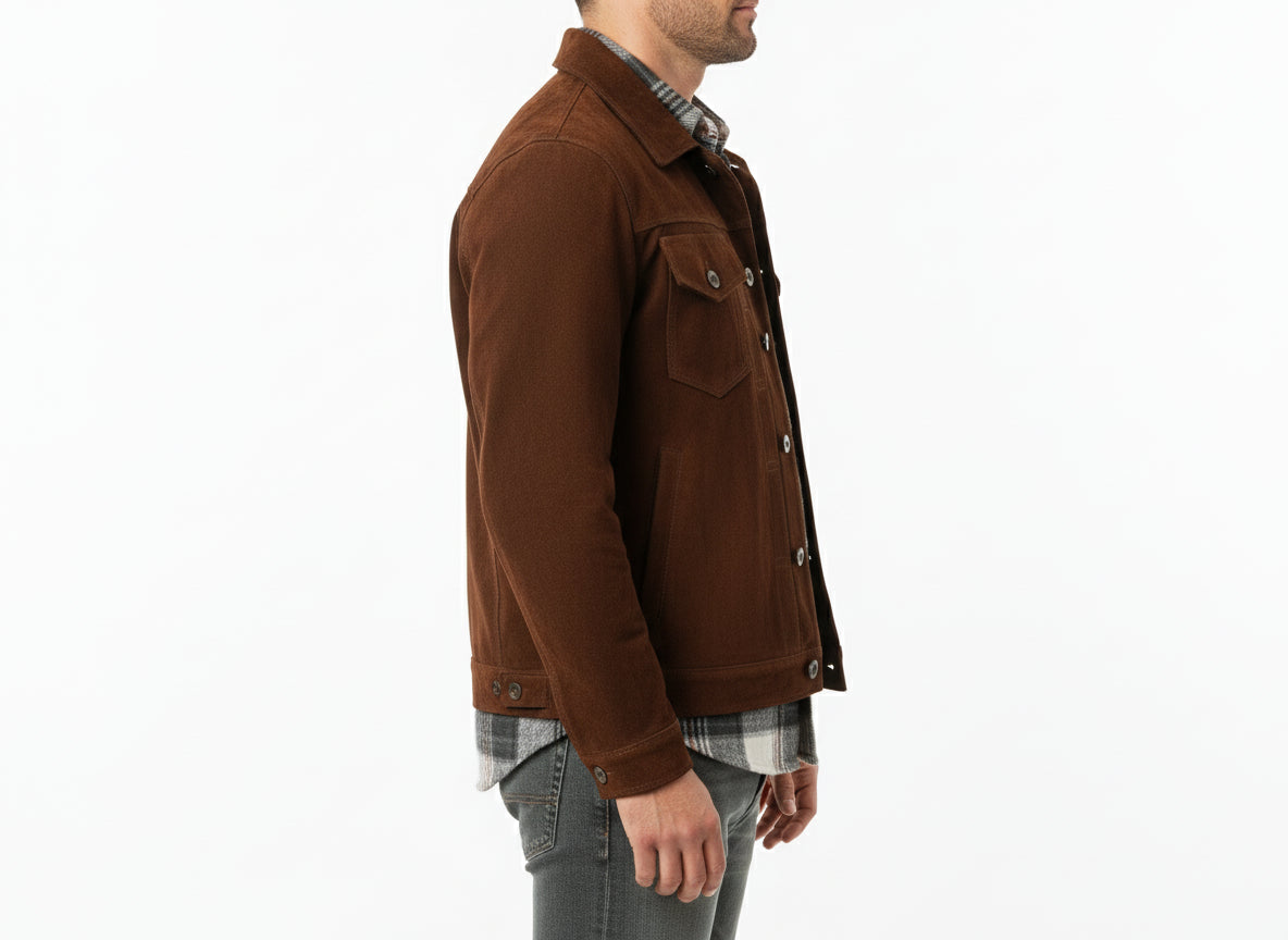 model-side-view - Men's Trucker Jacket, Brown Suede Jacket, Casual Suede Jacket, Men's Casual Jacket