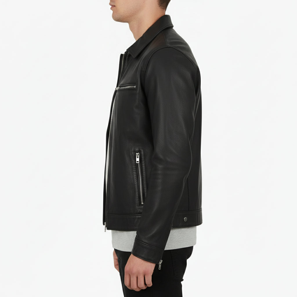 model-side-view - Men's Trucker Jacket, Suede Leather Jacket, Men's Casual Jacket, Lightweight Leather Jacket