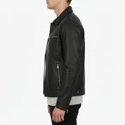 model-side-view - Men's Trucker Jacket, Suede Leather Jacket, Men's Casual Jacket, Lightweight Leather Jacket
