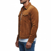 model-side-view - Men's Trucker Suede Jacket, Brown Suede Jacket, Casual Men's Jacket, Button Front Suede Jacket