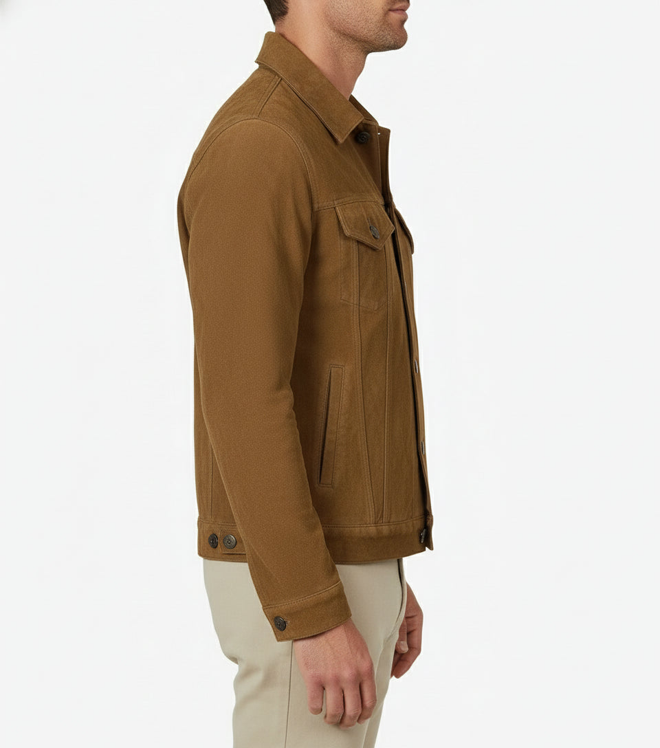 model-side-view - Men's Trucker Suede Jacket, Casual Suede Jacket, Men's Suede Outerwear, Suede Trucker Jacket