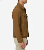 model-side-view - Men's Trucker Suede Jacket, Casual Suede Jacket, Men's Suede Outerwear, Suede Trucker Jacket