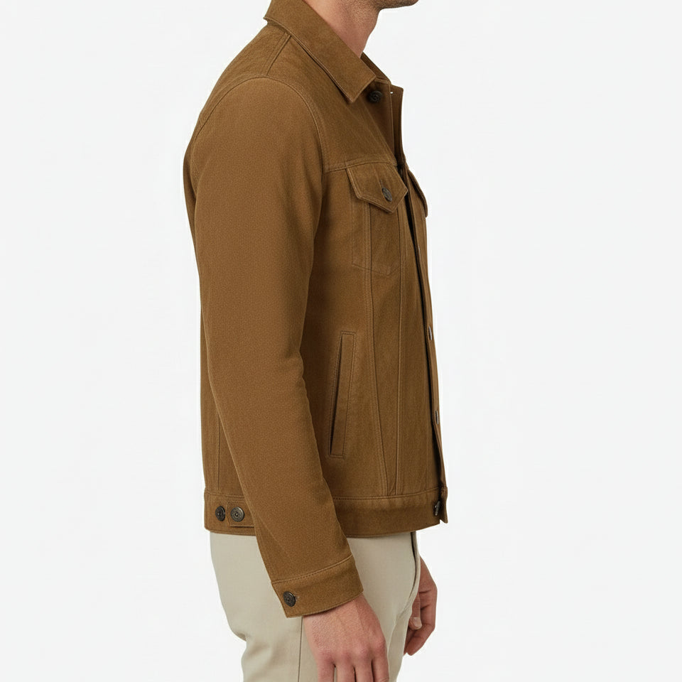 model-side-view - Men's Trucker Suede Jacket, Casual Suede Jacket, Men's Suede Outerwear, Suede Trucker Jacket