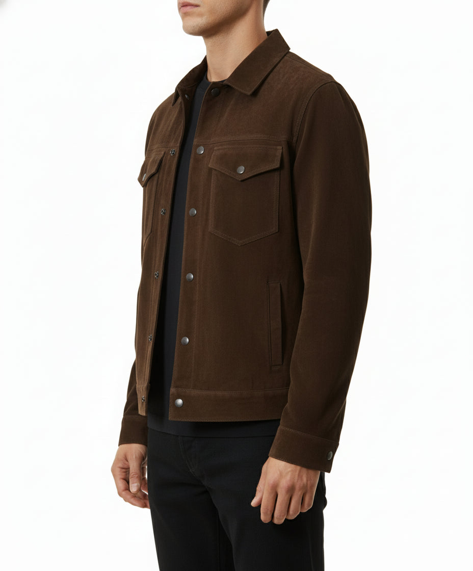 model-side-view - Men's Trucker Suede Jacket, Classic Suede Jacket, Casual Men's Jacket, Dark Brown Trucker Jacket