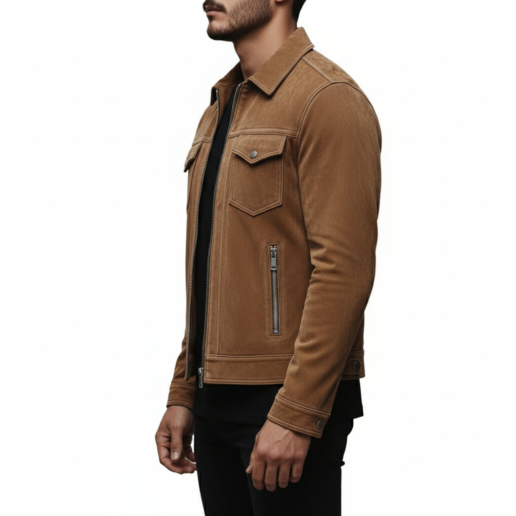 model-side-view - Men's Trucker Suede Jacket, Men's Suede Jacket, Casual Suede Jacket, Lightweight Suede Jacket