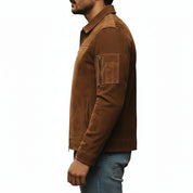model-side-view - Men's Trucker Suede Jacket, Suede Biker Jacket, Men's Casual Suede Jacket, Suede Moto Jacket