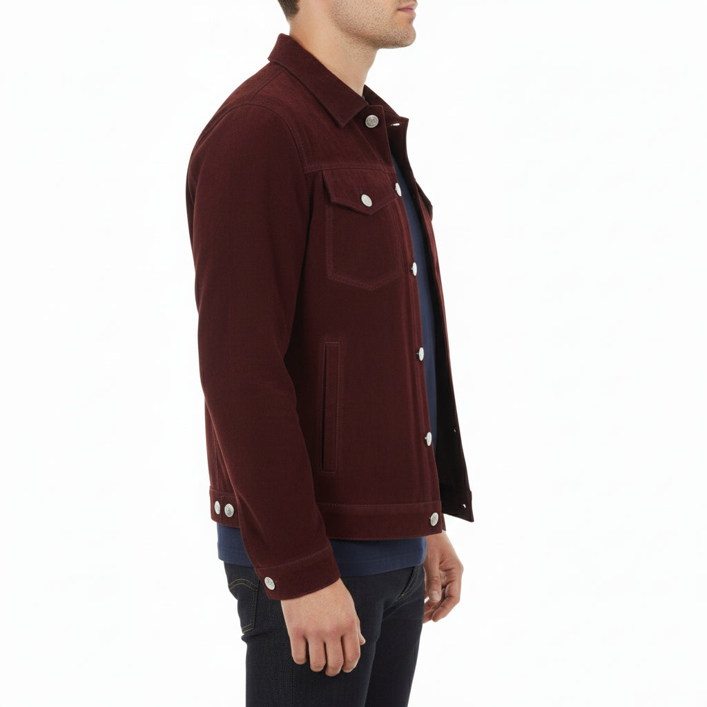 model-side-view - Men's Trucker Suede Jacket, Suede Jacket for Men, Burgundy Suede Trucker Jacket