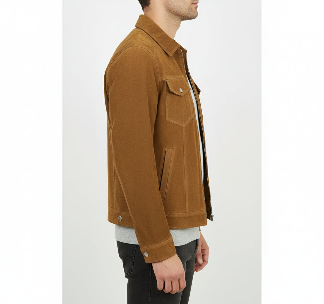model-side-view - Men's Trucker Suede Jacket, Suede Jacket for Men, Classic Suede Trucker Jacket, Medium Brown Suede Jacket