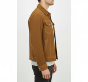model-side-view - Men's Trucker Suede Jacket, Suede Jacket for Men, Classic Suede Trucker Jacket, Medium Brown Suede Jacket
