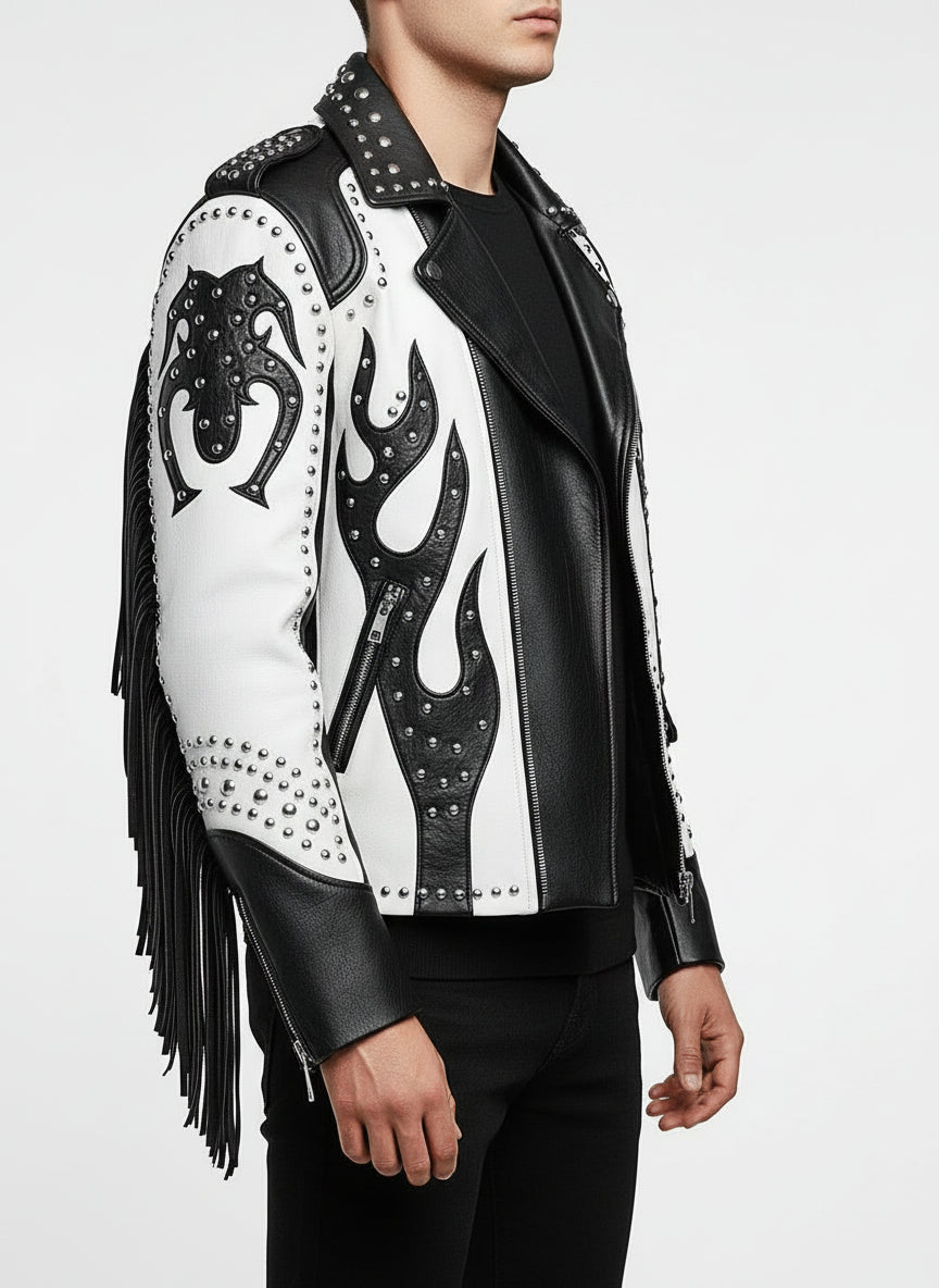model-side-view - Men's Two Tone Studded White Leather Biker Jacket