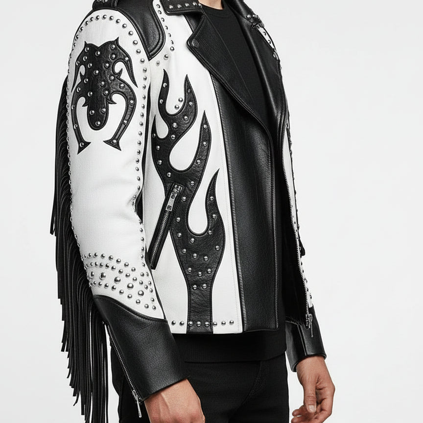 model-side-view - Men's Two Tone Studded White Leather Biker Jacket