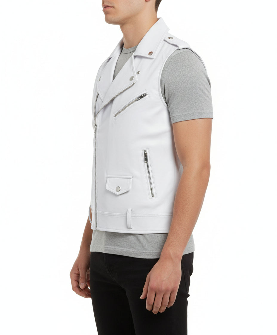 model-side-view - Mens white color leather Vest, Men Sleeve less leather Jacket