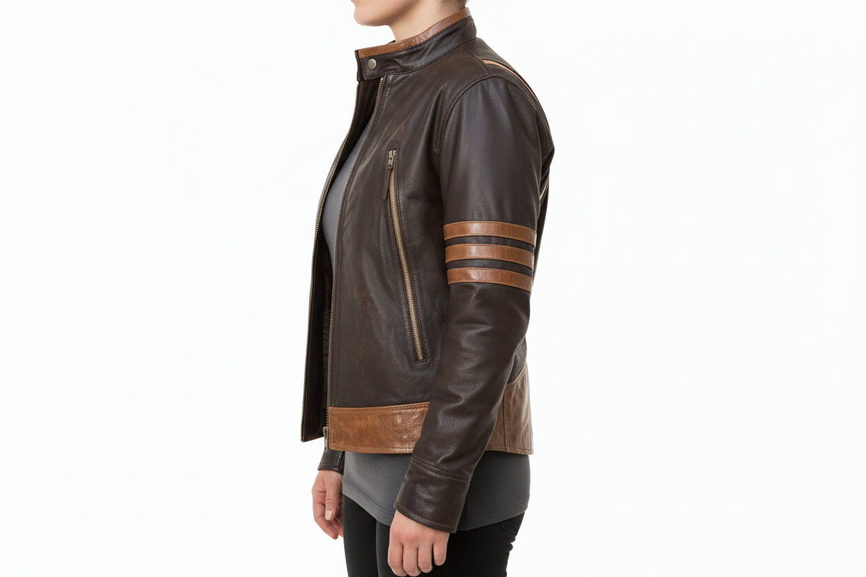 model-side-view - Men’s X-Men Inspired Brown Leather Jacket, Stylish Motorcycle Jacket