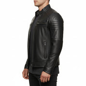 model-side-view - New Black biker leather jacket, Men black bober leather jacket, men jackets