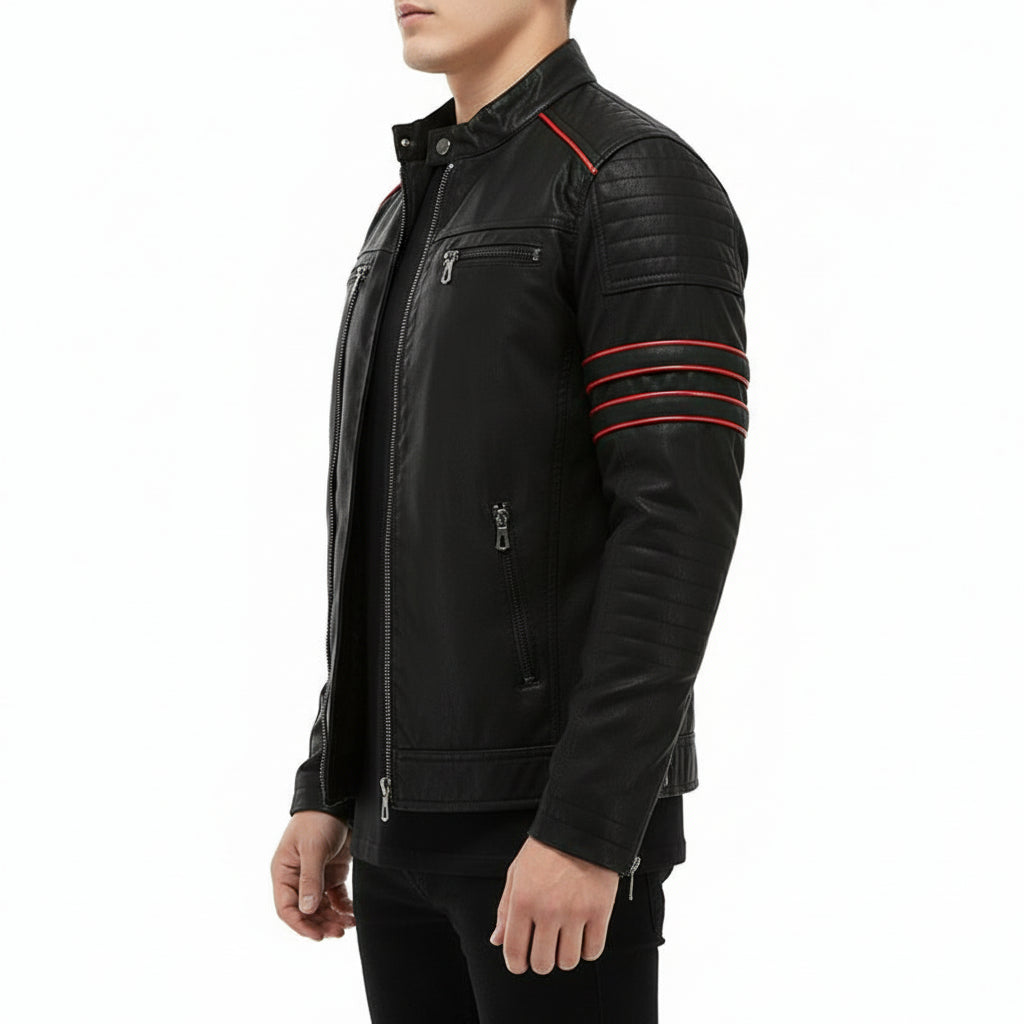 model-side-view - New Black biker leather jacket, Men black motorcycle jacket, men jackets