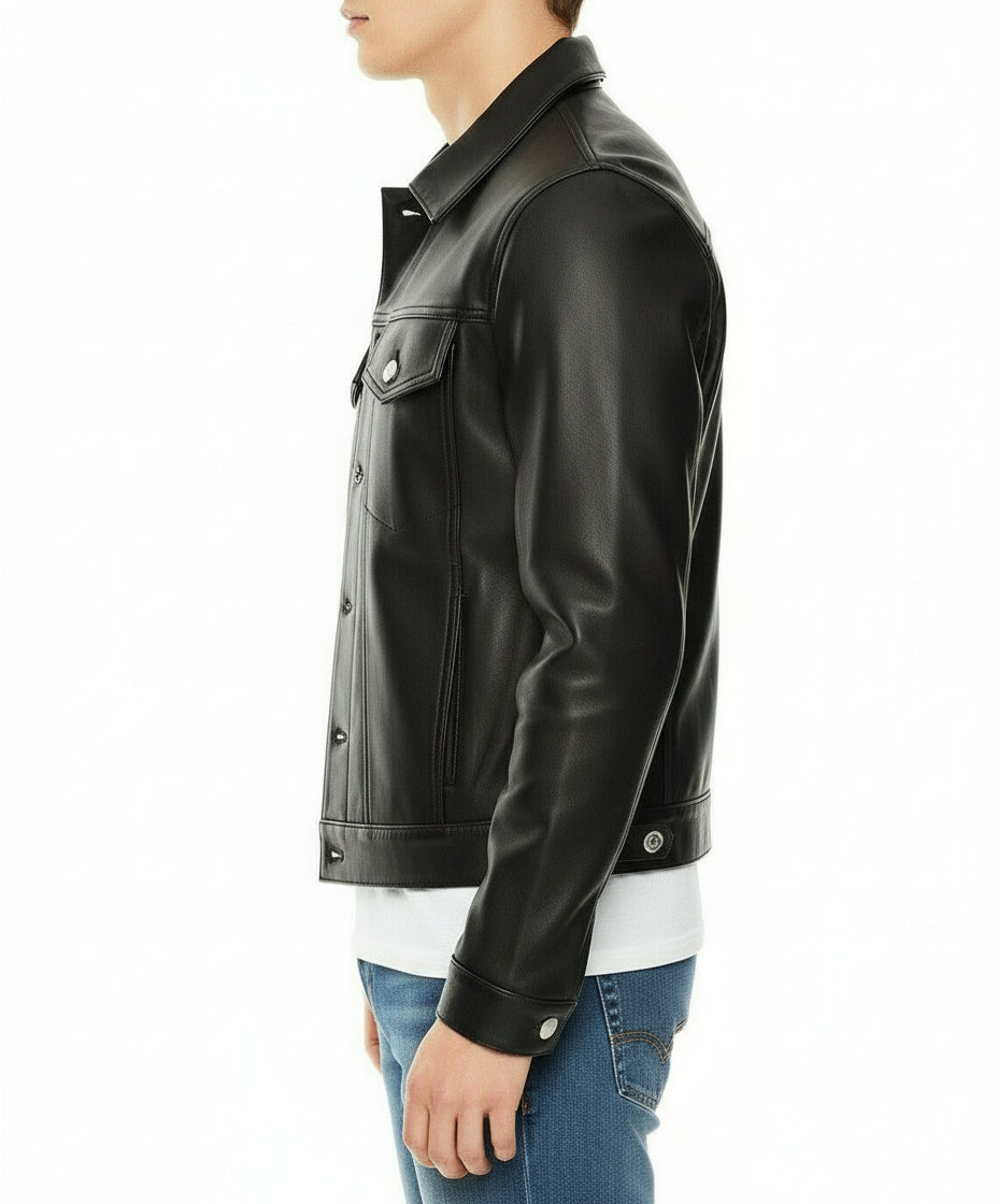model-side-view - New Men Black Leather Biker Jackets, Real Leather Button Closure Jackets