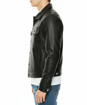 model-side-view - New Men Black Leather Biker Jackets, Real Leather Button Closure Jackets