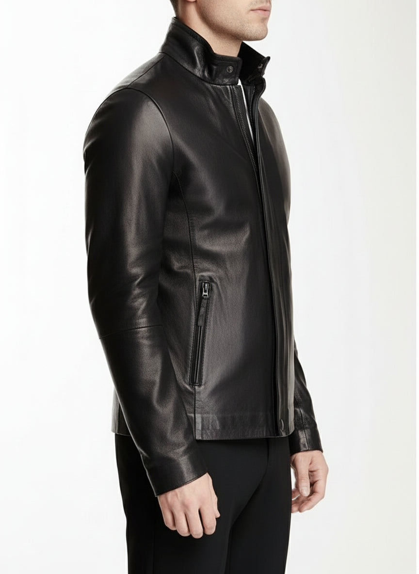 model-side-view - New Men Black Leather Biker Jackets, Real Leather Jackets For Mens