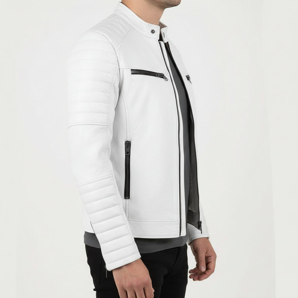 model-side-view - New Men Fashion Trend White Motorcycle Leather Jacket, Biker Fashion
