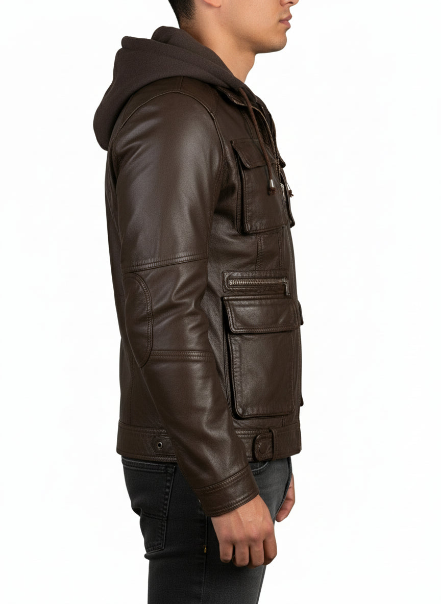 model-side-view - New Men Hooded Latest Winter Leather Jacket, Leather Jacket, Leather