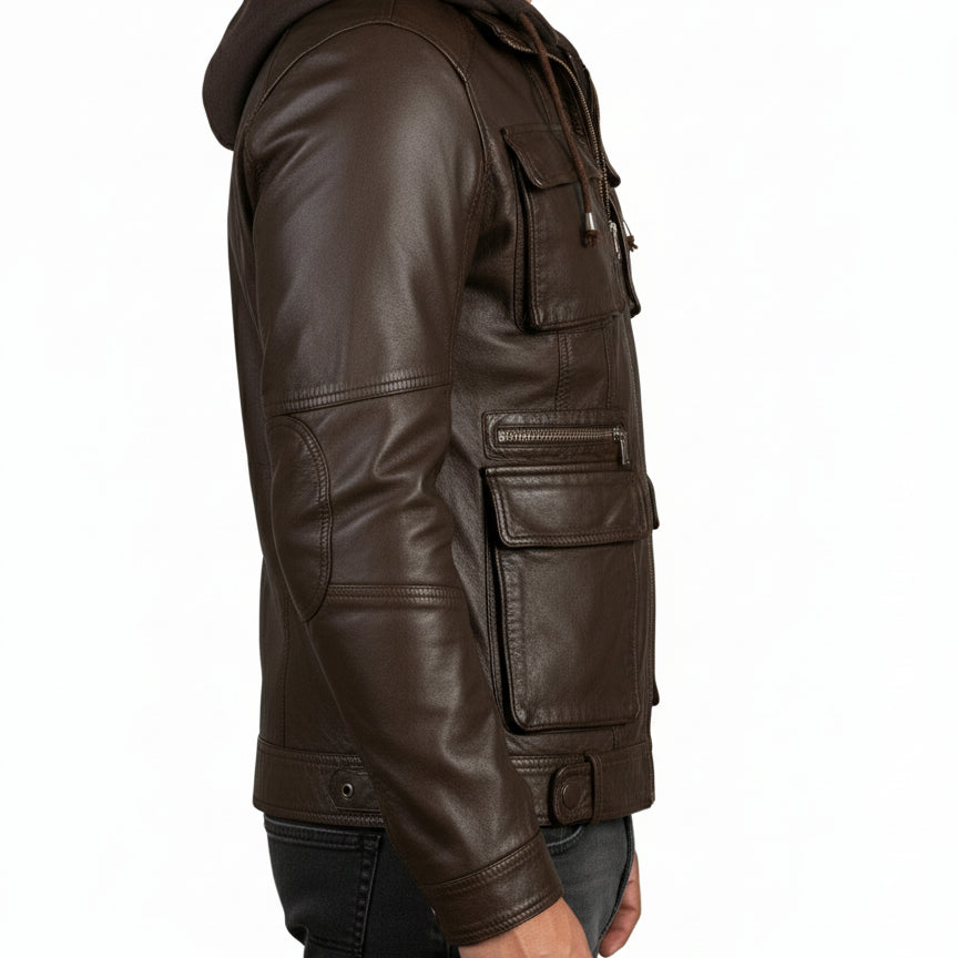 model-side-view - New Men Hooded Latest Winter Leather Jacket, Leather Jacket, Leather