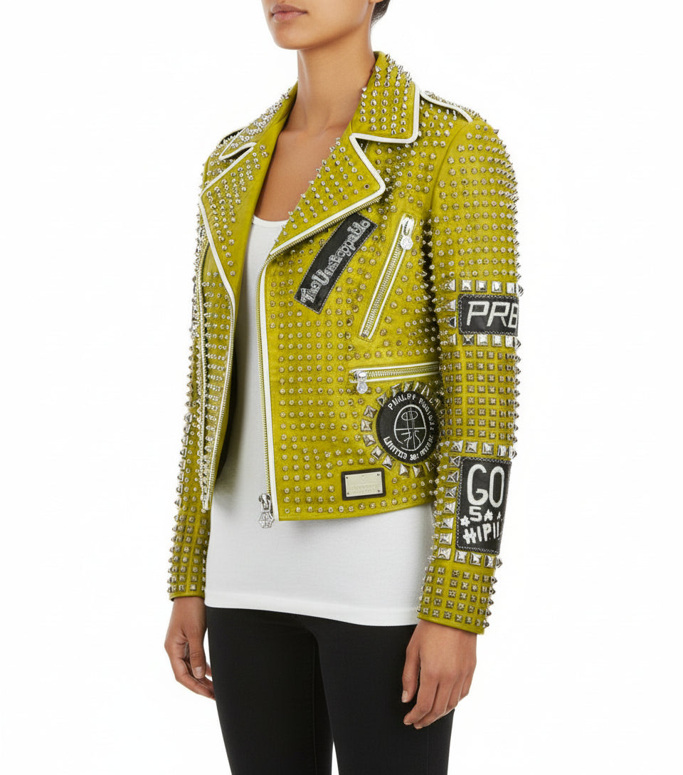 model-side-view - New Punk green Brando Studded Spikes Rock Moto biker Leather Jacket