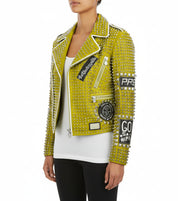 model-side-view - New Punk green Brando Studded Spikes Rock Moto biker Leather Jacket
