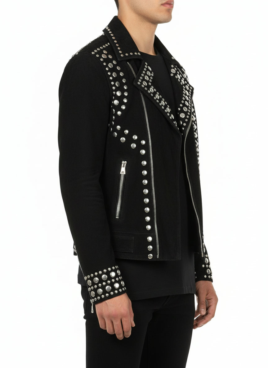 model-side-view - Punk Men Black Studded Jacket, Suede Studded Jacket, Jackets
