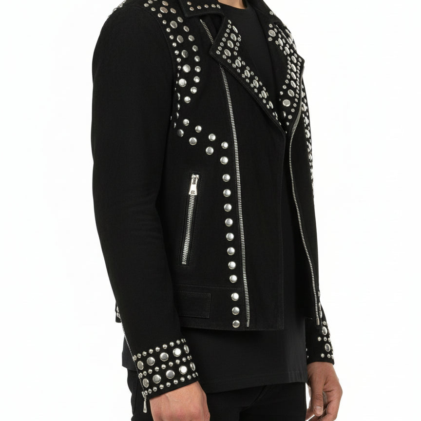 model-side-view - Punk Men Black Studded Jacket, Suede Studded Jacket, Jackets