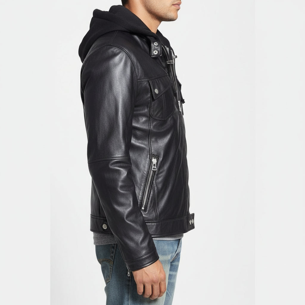 model-side-view - Punk Men Hooded Leather Jacket Black Biker Leather Jacket Fashion Jacket