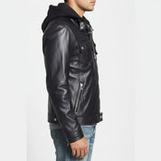 model-side-view - Punk Men Hooded Leather Jacket Black Biker Leather Jacket Fashion Jacket