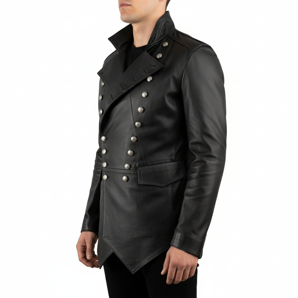 model-side-view - Punk Men Real Leather Jacket, Steam Jacket Coat Leather Coat Jacket