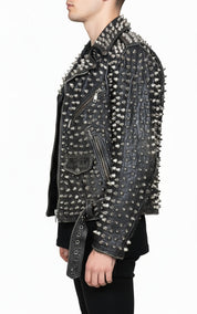 model-side-view - Punk Men Silver Studded Custom Patches Long Spike Brando Belted Jacket