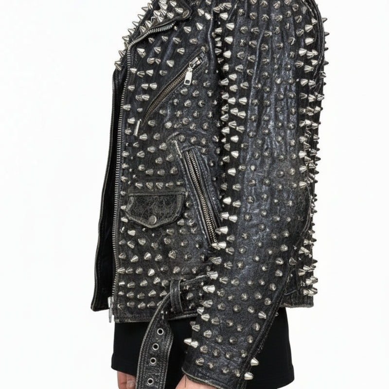 model-side-view - Punk Men Silver Studded Custom Patches Long Spike Brando Belted Jacket
