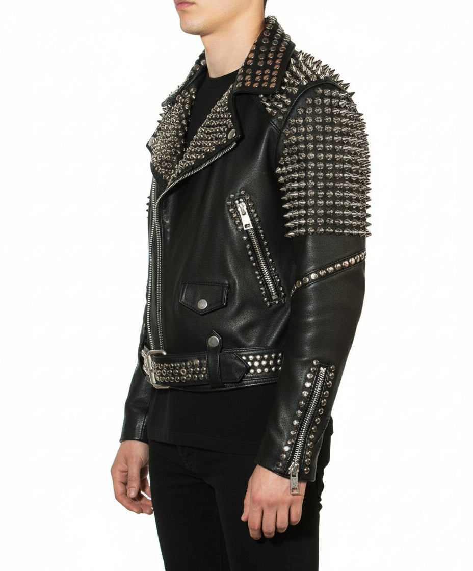 model-side-view - Punk Men Silver Studded Leather Black Rock Studded Leather Jackets