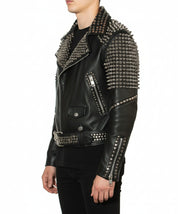 model-side-view - Punk Men Silver Studded Leather Black Rock Studded Leather Jackets