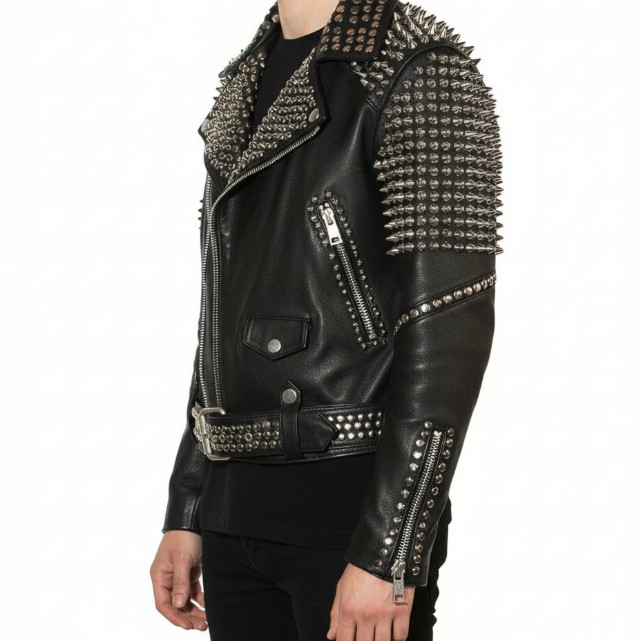 model-side-view - Punk Men Silver Studded Leather Black Rock Studded Leather Jackets