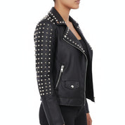 model-side-view - Punk New Women Style Short Studded Leather Jacket, Fashion Jacket for Women