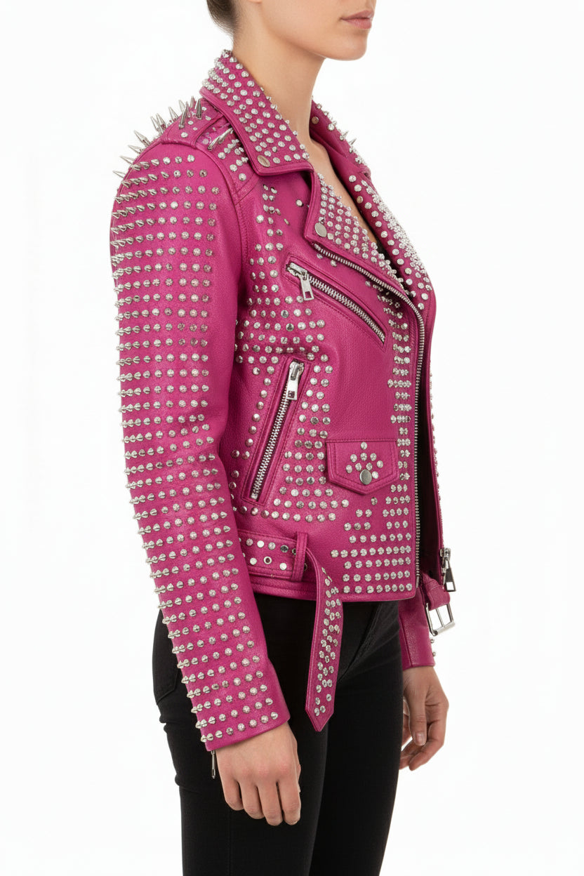 model-side-view - Punk women Full Long Spiked Studded Brando Pink Leather Jacket