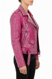 model-side-view - Punk women Full Long Spiked Studded Brando Pink Leather Jacket