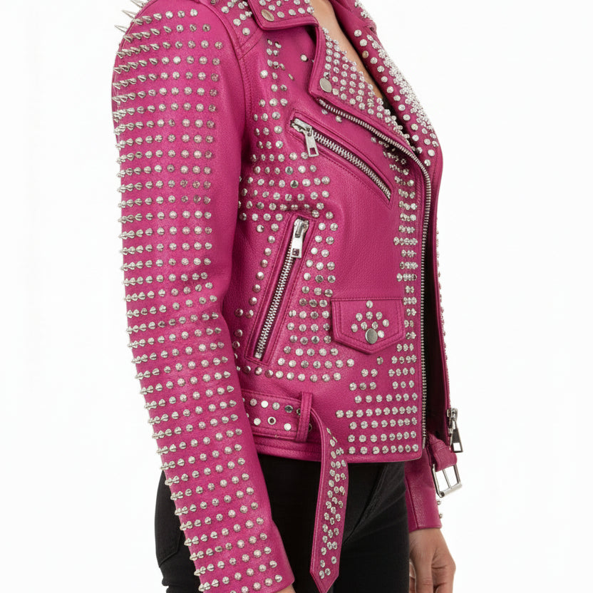 model-side-view - Punk women Full Long Spiked Studded Brando Pink Leather Jacket