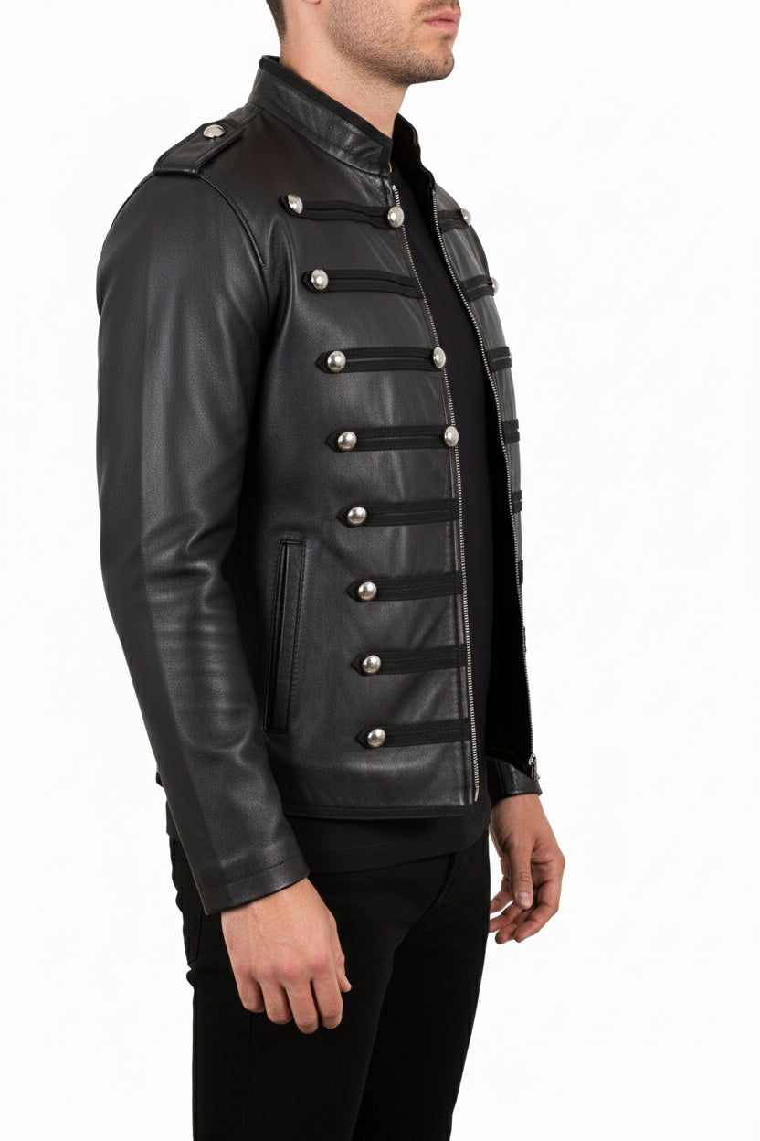 model-side-view - Unisex Streetwear Leather Jacket in Genuine Lamb Skin