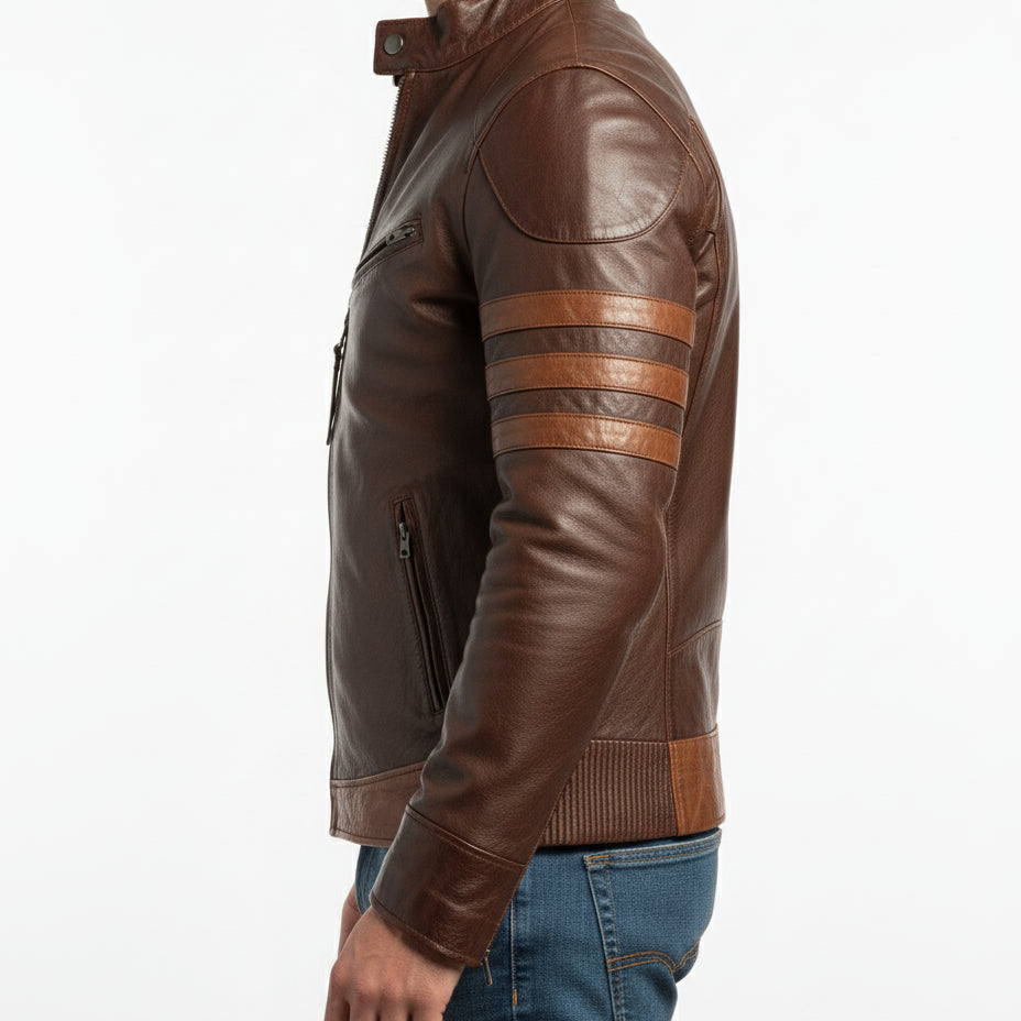 model-side-view - Vintage Men Stylish Motorcycle Leather Jacket, Genuine Leather Fashion